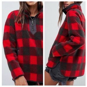 Abercrombie & Fitch Red and Black Sherpa Buffalo Plaid Pullover